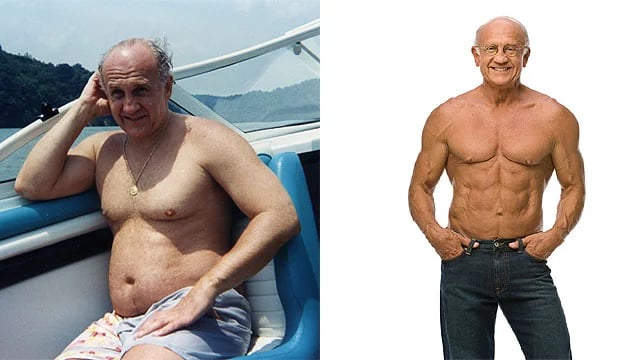 Before-and-after comparison of a man's physique, from the BBC Brasil report