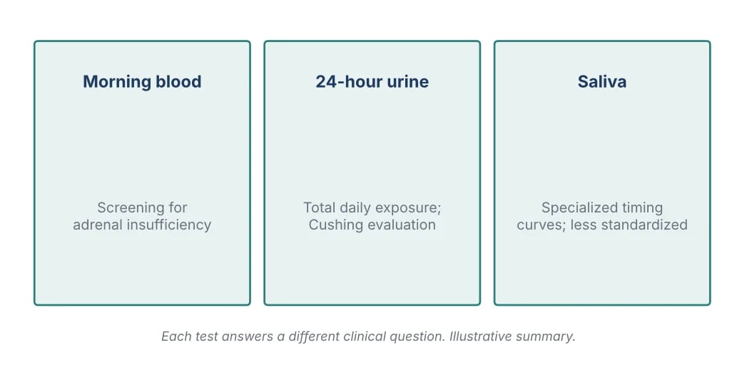 Illustrated summary of three cortisol test types: morning blood, 24-hour urine and saliva
