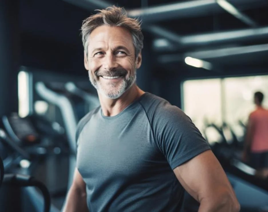 A smiling middle-aged man in a gray T-shirt standing in a gym