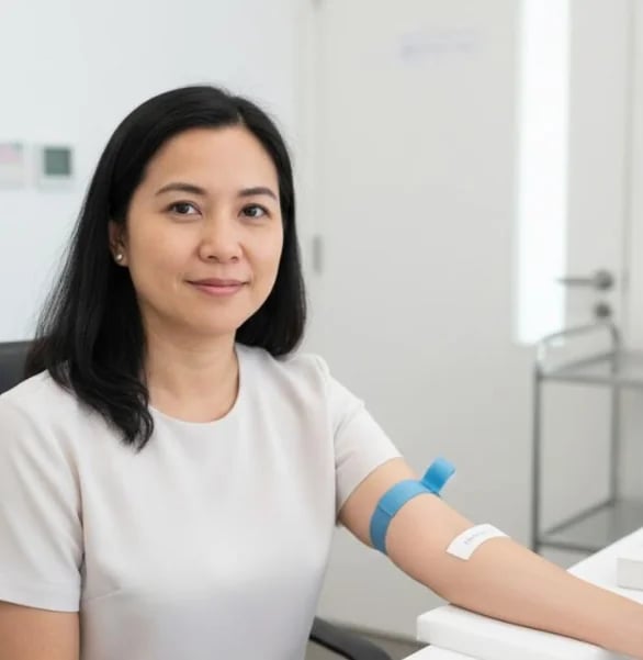 Patient seated with a tourniquet before a monitoring blood draw