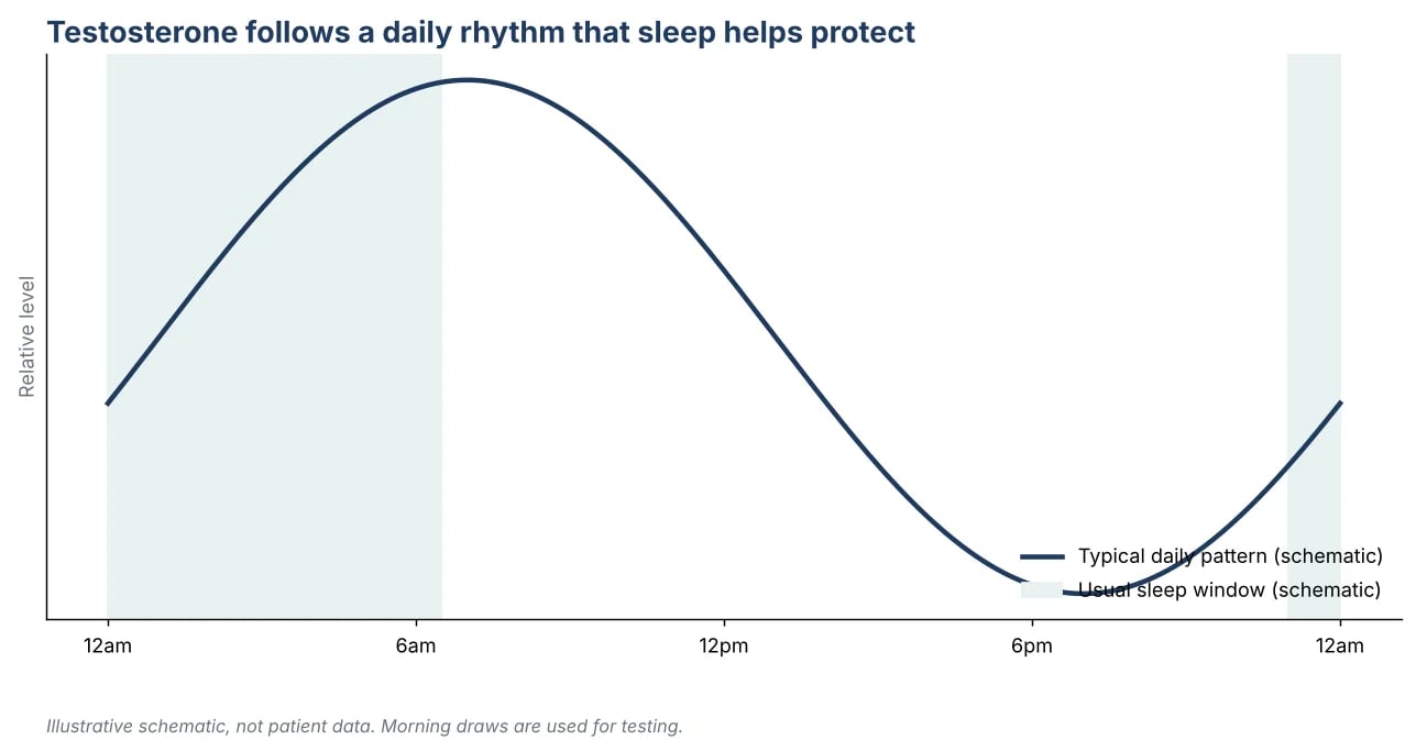 Illustrated night-time sleep chart beside a simple hormone level sketch, representing the link between sleep quality and testosterone