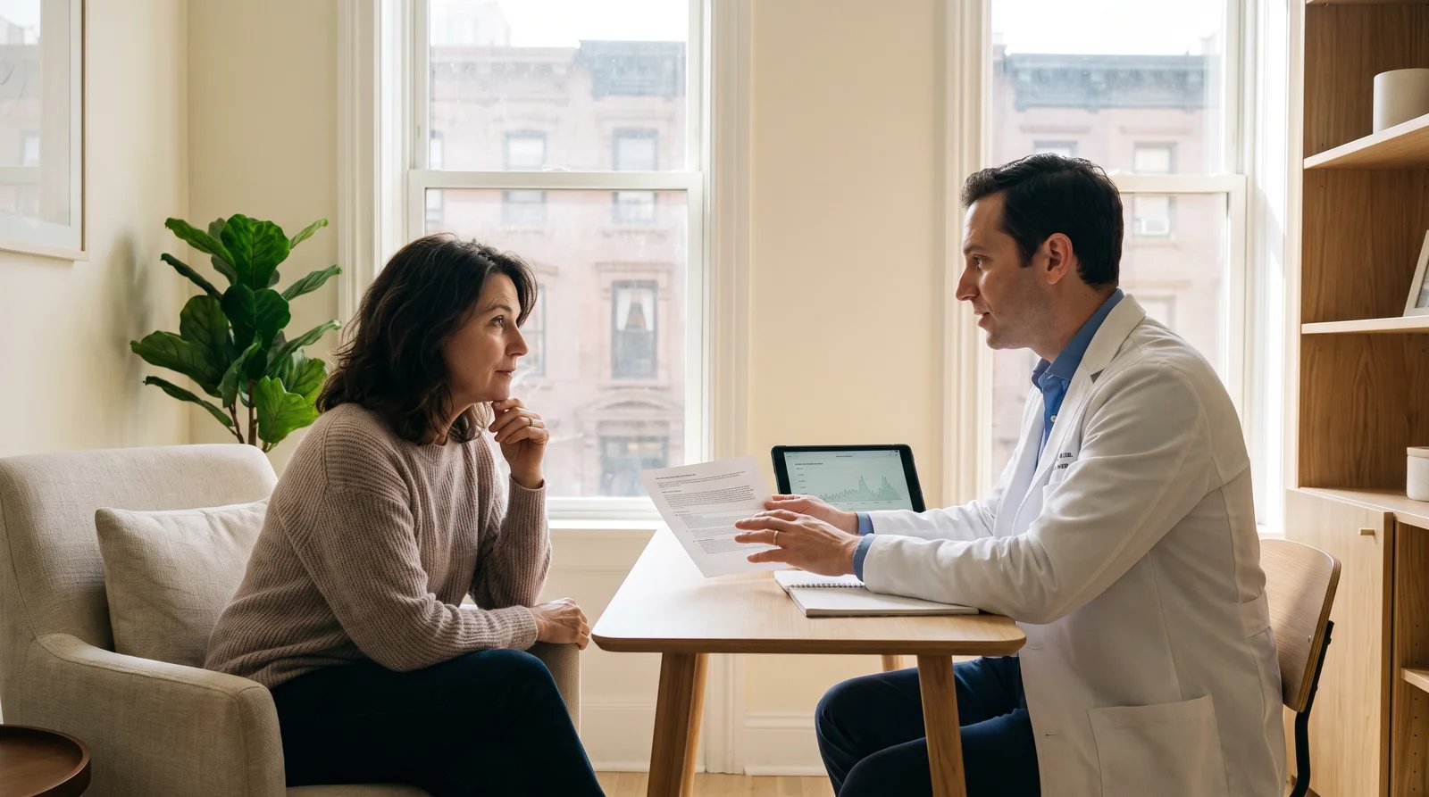 Woman in her early fifties reviewing hormone bloodwork results with a physician in a New York City medical office