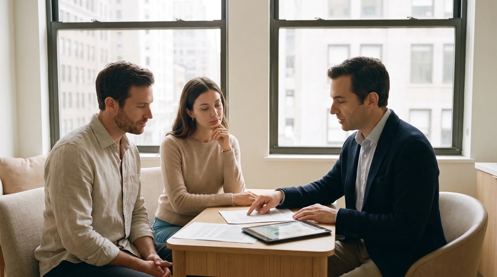 Man in his thirties and his partner reviewing semen analysis and hormone lab results with a physician in a New York City medical office